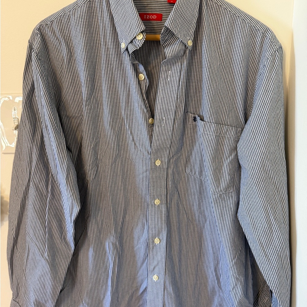 Izod Men's Navy and White Micro-Check Button-Down Shirt
